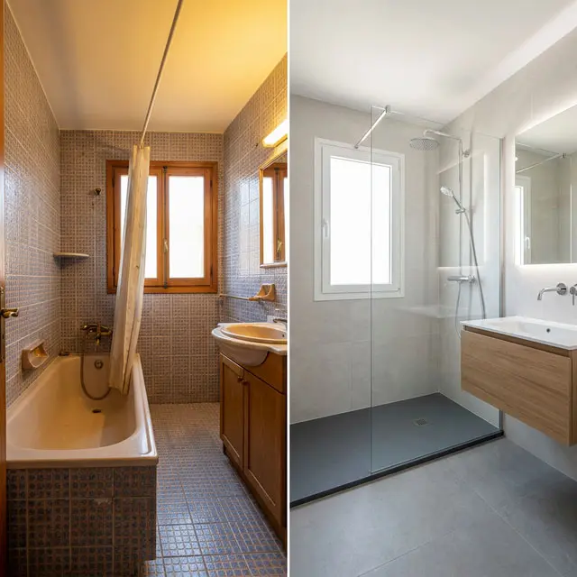 Comparativa de antes y después de una reforma de baño: de bañera a ducha moderna